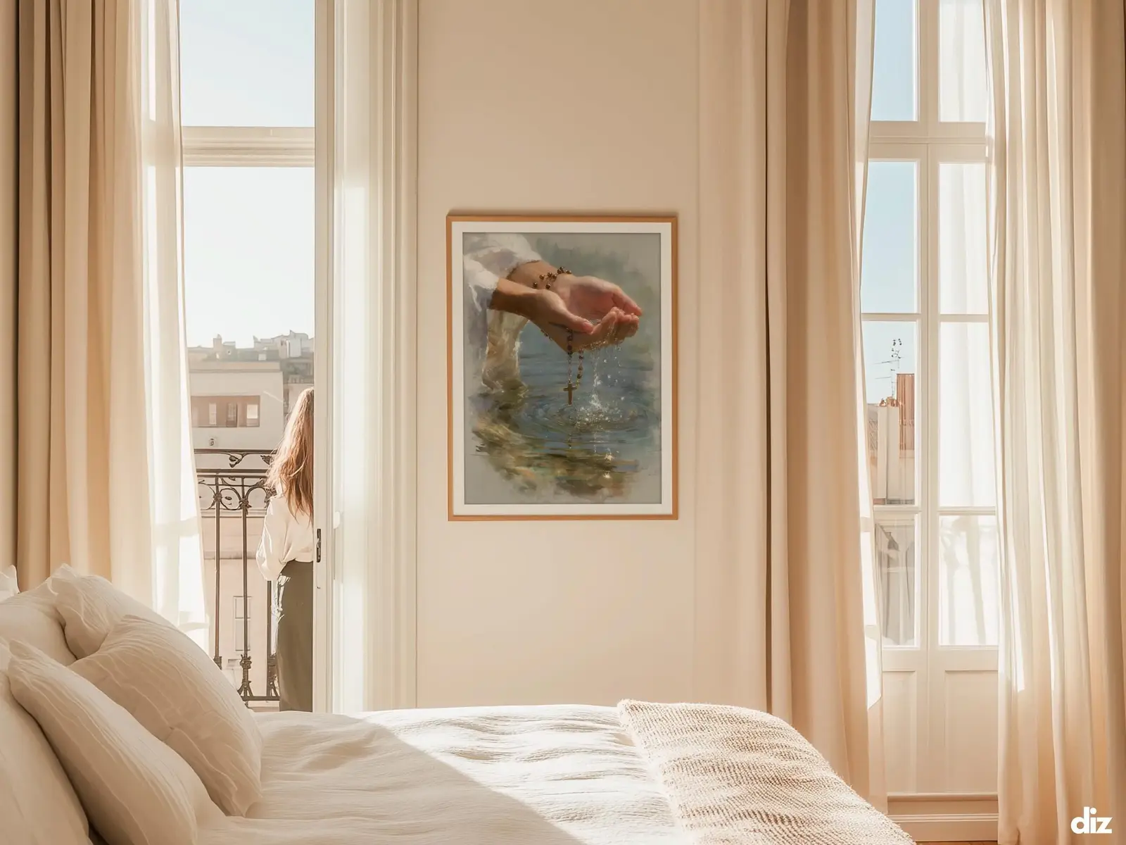 Sacred Heart of Jesus framed above sofa, living room display blending peace and devotion, bible wall art catholic wall art