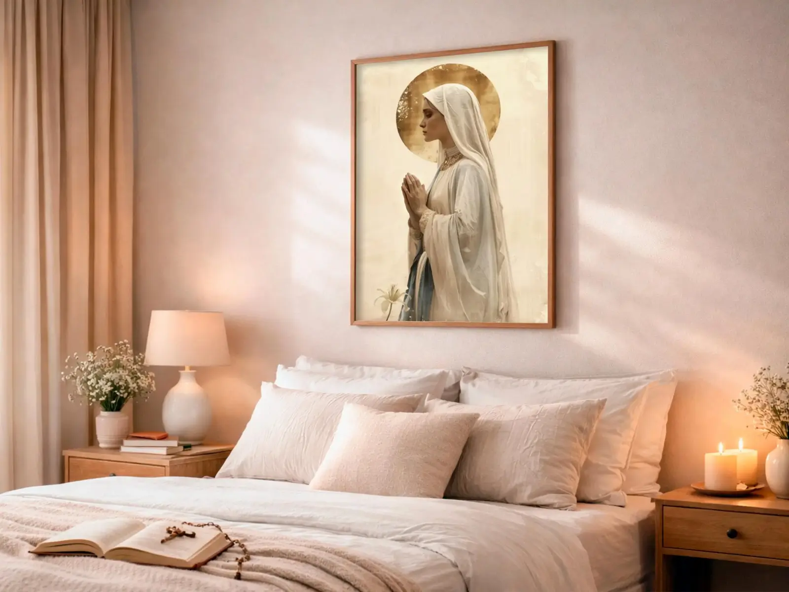 Sacred Heart of Jesus framed above sofa, living room display blending peace and devotion, bible wall art catholic wall art