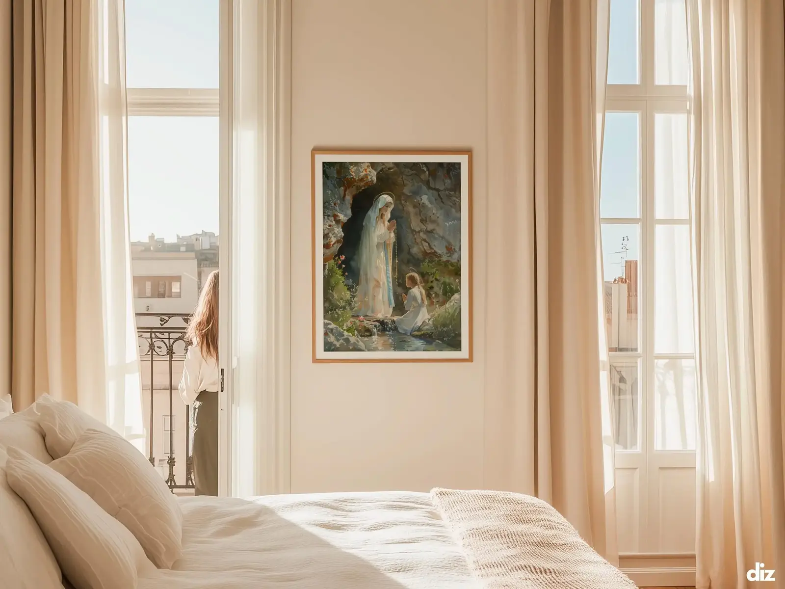 Sacred Heart of Jesus framed above sofa, living room display blending peace and devotion, bible wall art catholic wall art