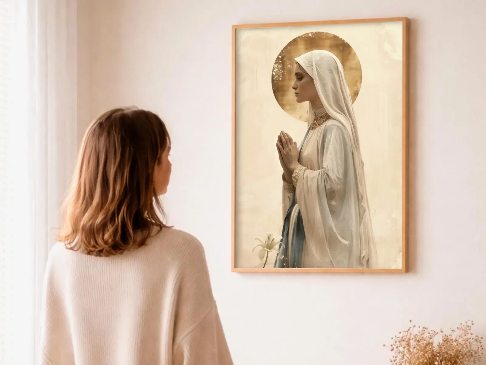 Close-up detail of the flaming Sacred Heart, thorn crown and cross, jesus sacred heart biblical wall art