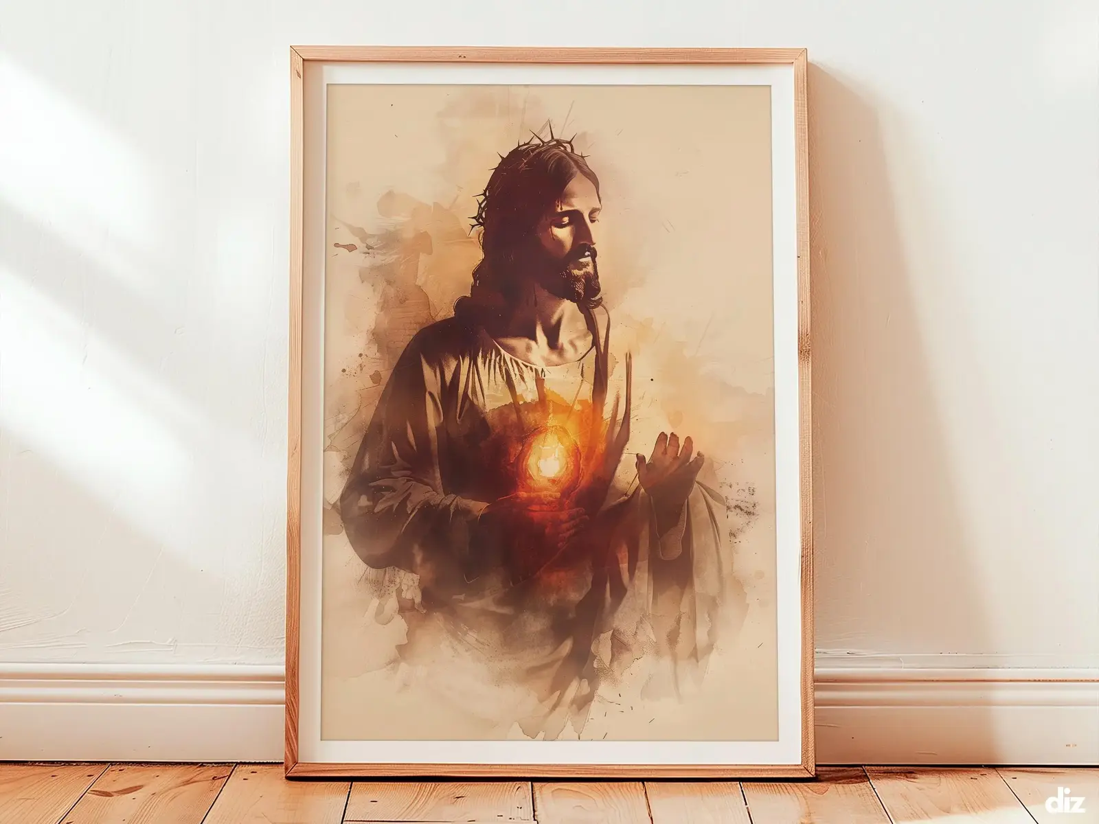 Framed Sacred Heart of Jesus watercolor art print centered on ivory background, devotional artwork of christ for prayer room decor