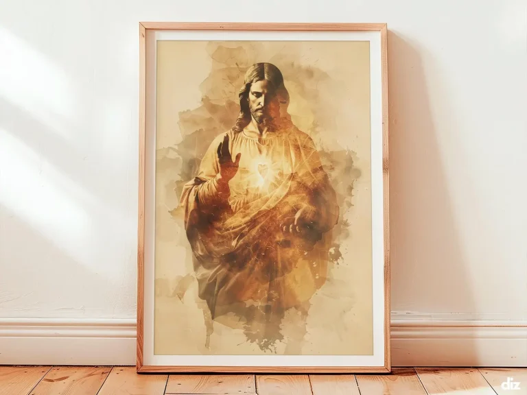 Framed Sacred Heart of Jesus watercolor art print, minimalist devotional overview, restrained artwork of christ for prayer.