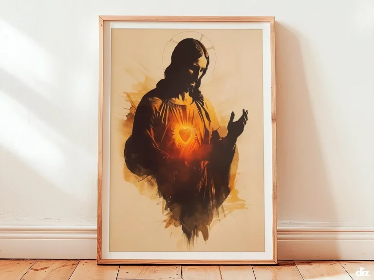 Framed Sacred Heart of Jesus watercolor art print displayed, minimalist reverent composition for prayer room decor, christian wall art