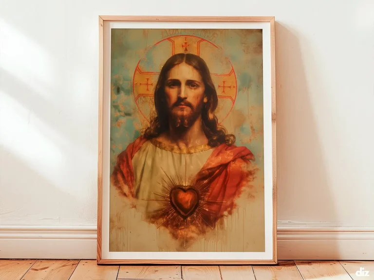 Framed Sacred Heart of Jesus watercolor art print, devotional christian wall art and religious artwork for prayer room decor