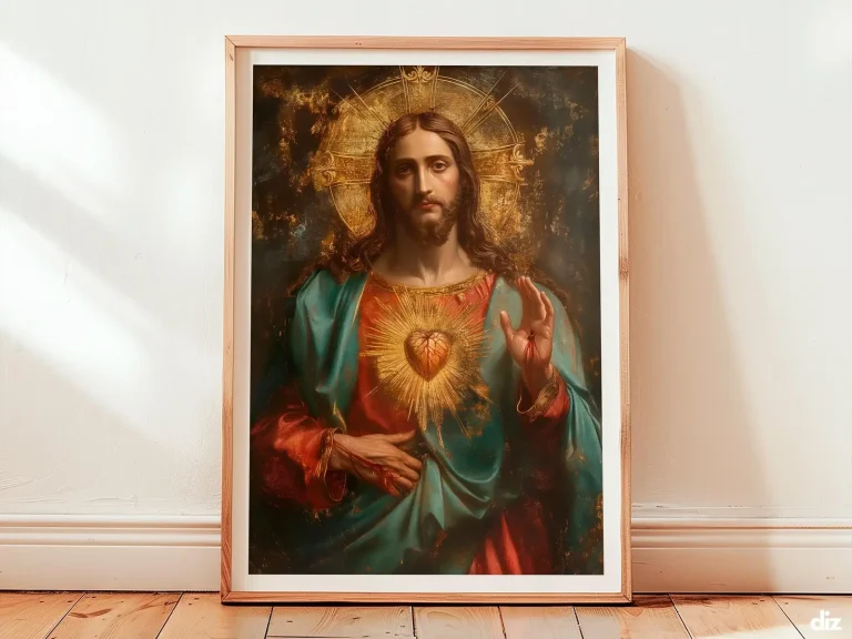 Framed Sacred Heart of Jesus watercolor art print, three-quarter view revealing flaming heart; devotional christian wall art