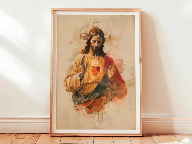 Framed Sacred Heart of Jesus watercolor art print shown centered on ivory canvas, devotional christian wall art, artwork of christ