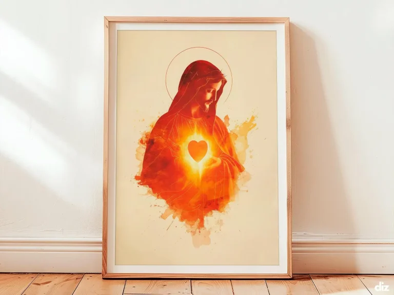 Framed Sacred Heart of Jesus watercolor print centered on ivory field, jesus sacred heart and christian wall art.