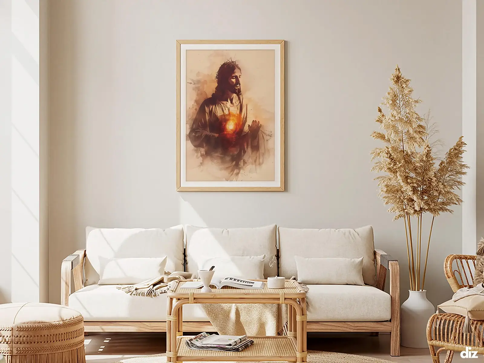 Framed Sacred Heart of Jesus above bed, bedroom sanctuary offering mercy and trust, jesus wall art artwork of jesus