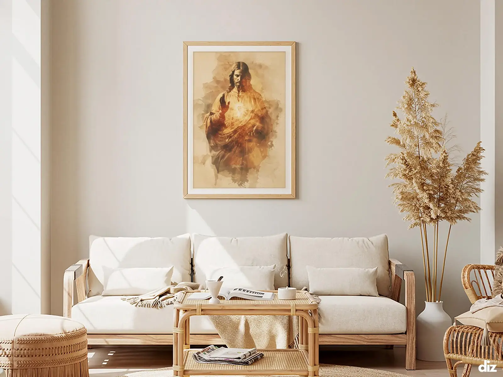 Framed Sacred Heart of Jesus above bed, bedroom sanctuary offering mercy and trust, jesus wall art artwork of jesus