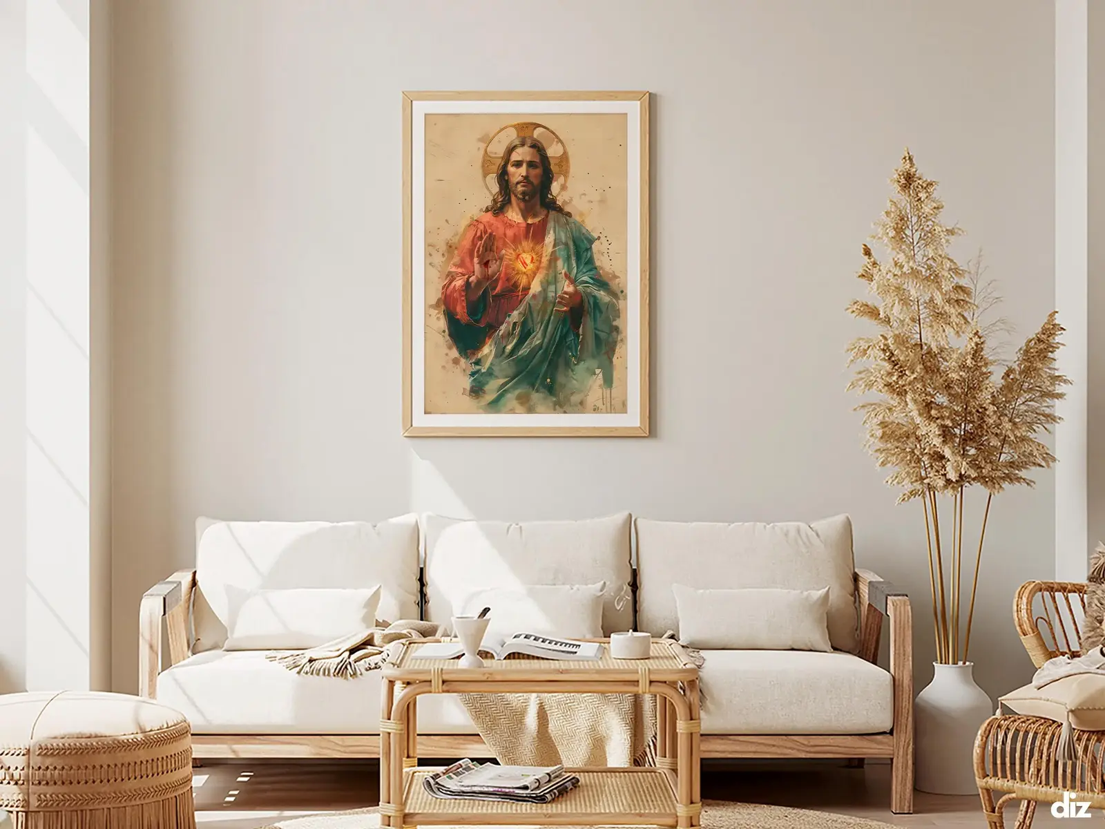 Framed Sacred Heart of Jesus above bed, bedroom sanctuary offering mercy and trust, jesus wall art artwork of jesus