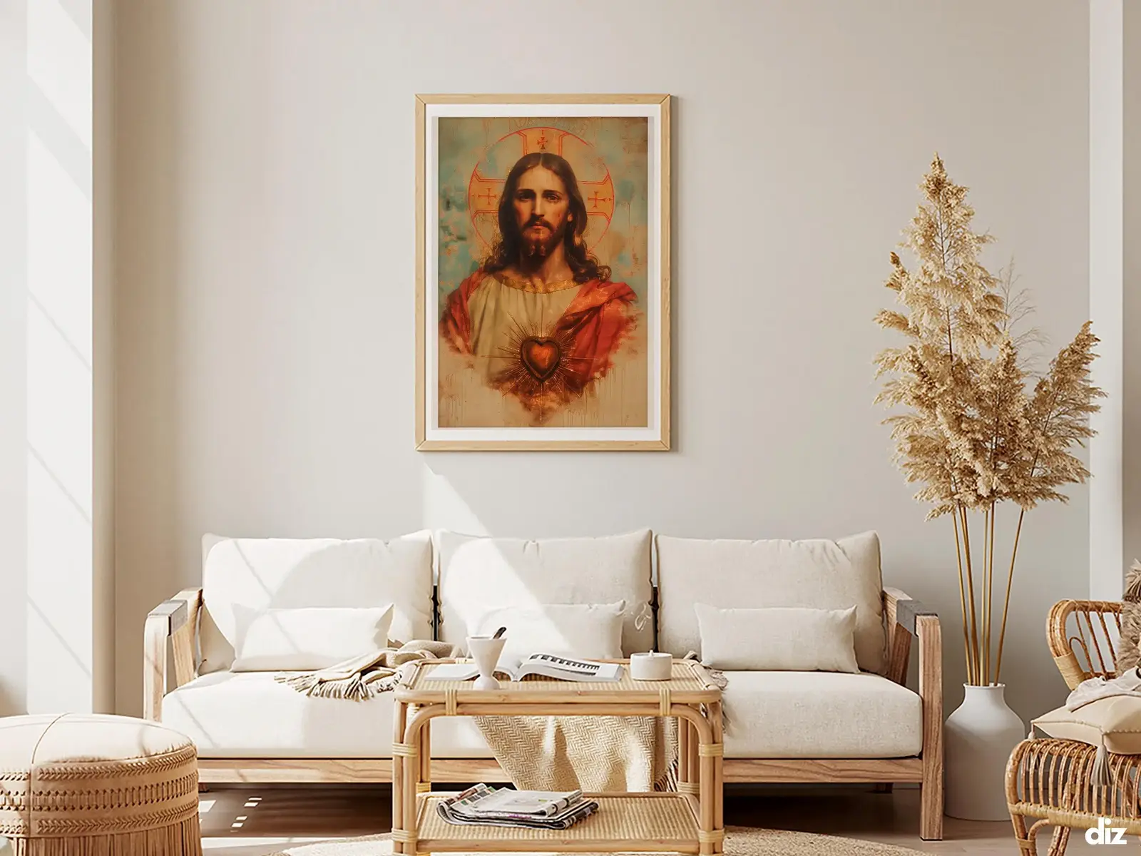 Framed Sacred Heart of Jesus above bed, bedroom sanctuary offering mercy and trust, jesus wall art artwork of jesus