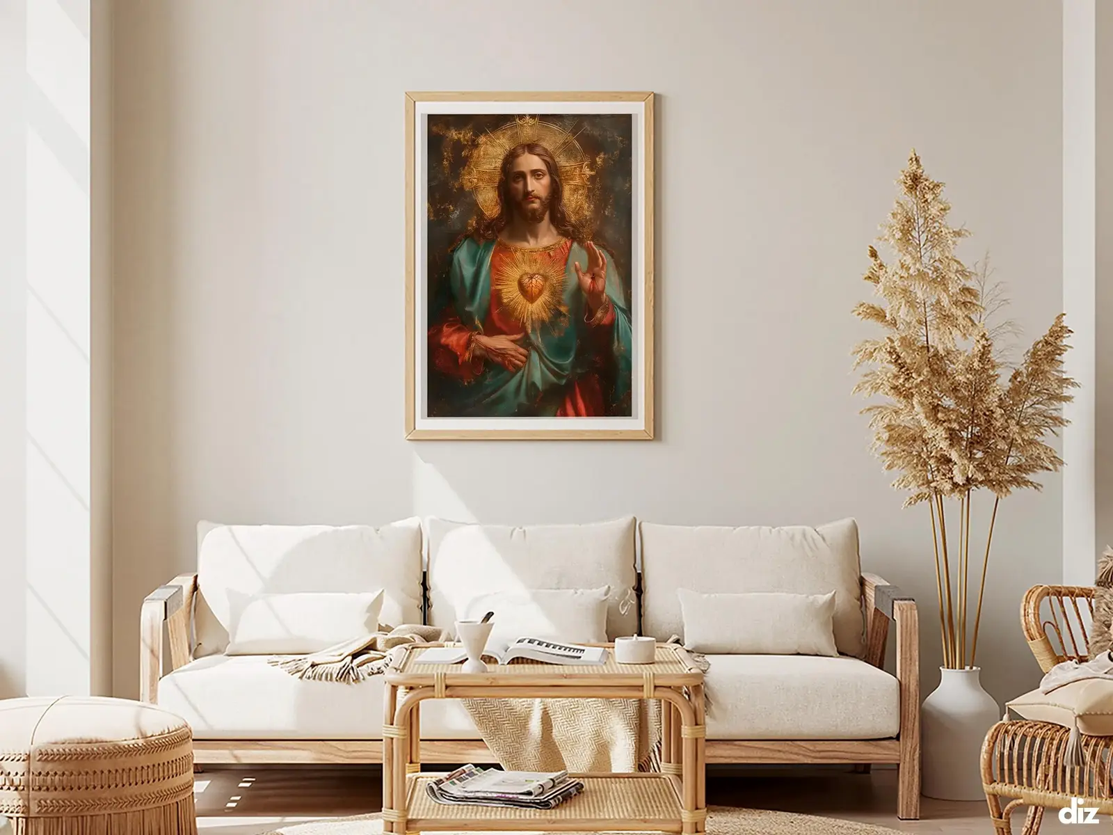 Framed Sacred Heart of Jesus above bed, bedroom sanctuary offering mercy and trust, jesus wall art artwork of jesus