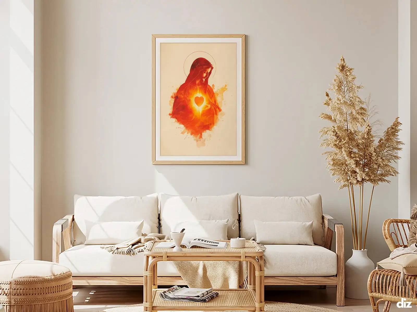 Framed Sacred Heart of Jesus above bed, bedroom sanctuary offering mercy and trust, jesus wall art artwork of jesus