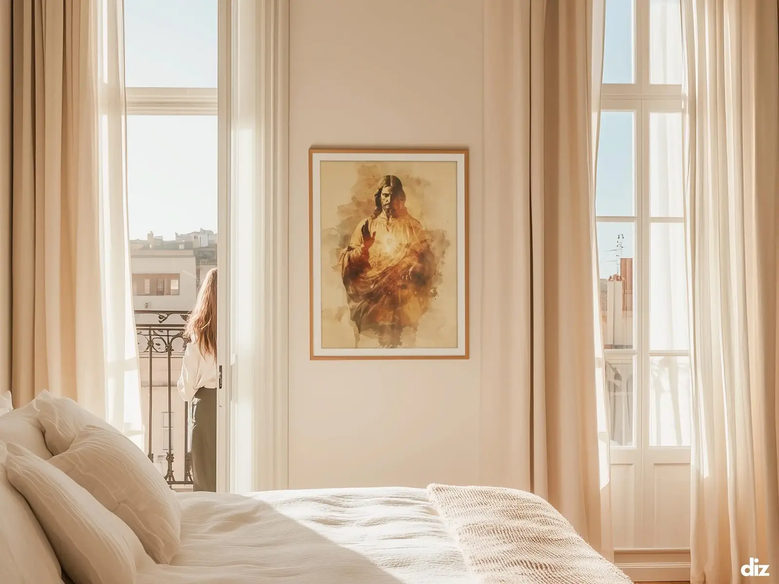 Sacred Heart of Jesus framed above sofa, living room display blending peace and devotion, bible wall art catholic wall art