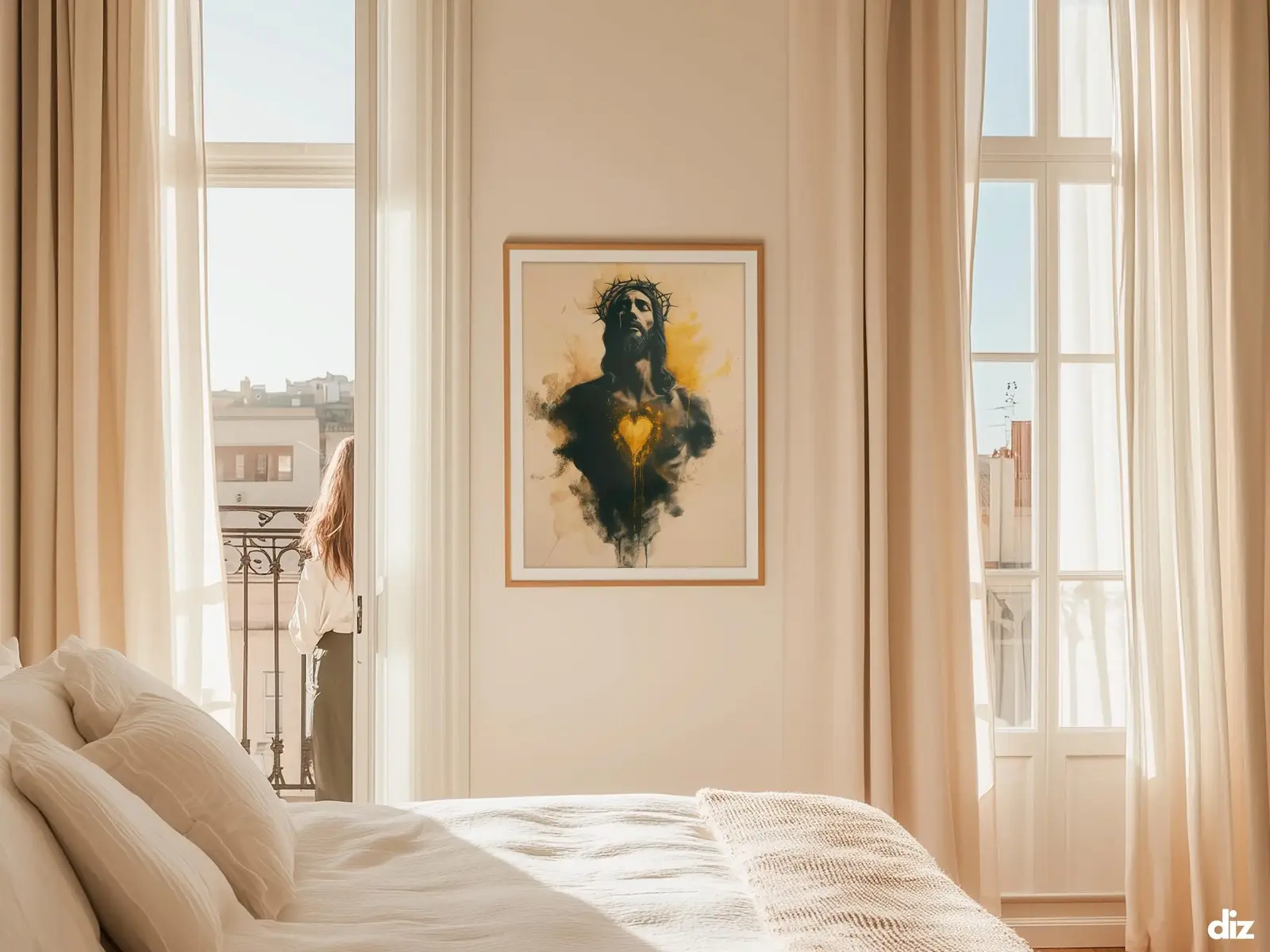 Sacred Heart of Jesus framed above sofa, living room display blending peace and devotion, bible wall art catholic wall art