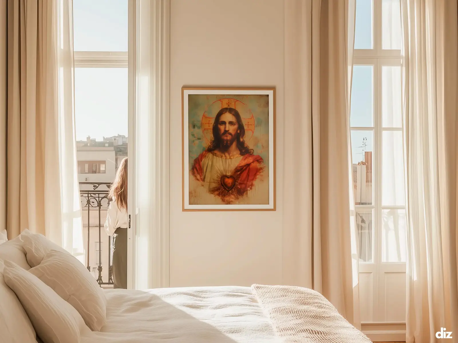 Sacred Heart of Jesus framed above sofa, living room display blending peace and devotion, bible wall art catholic wall art