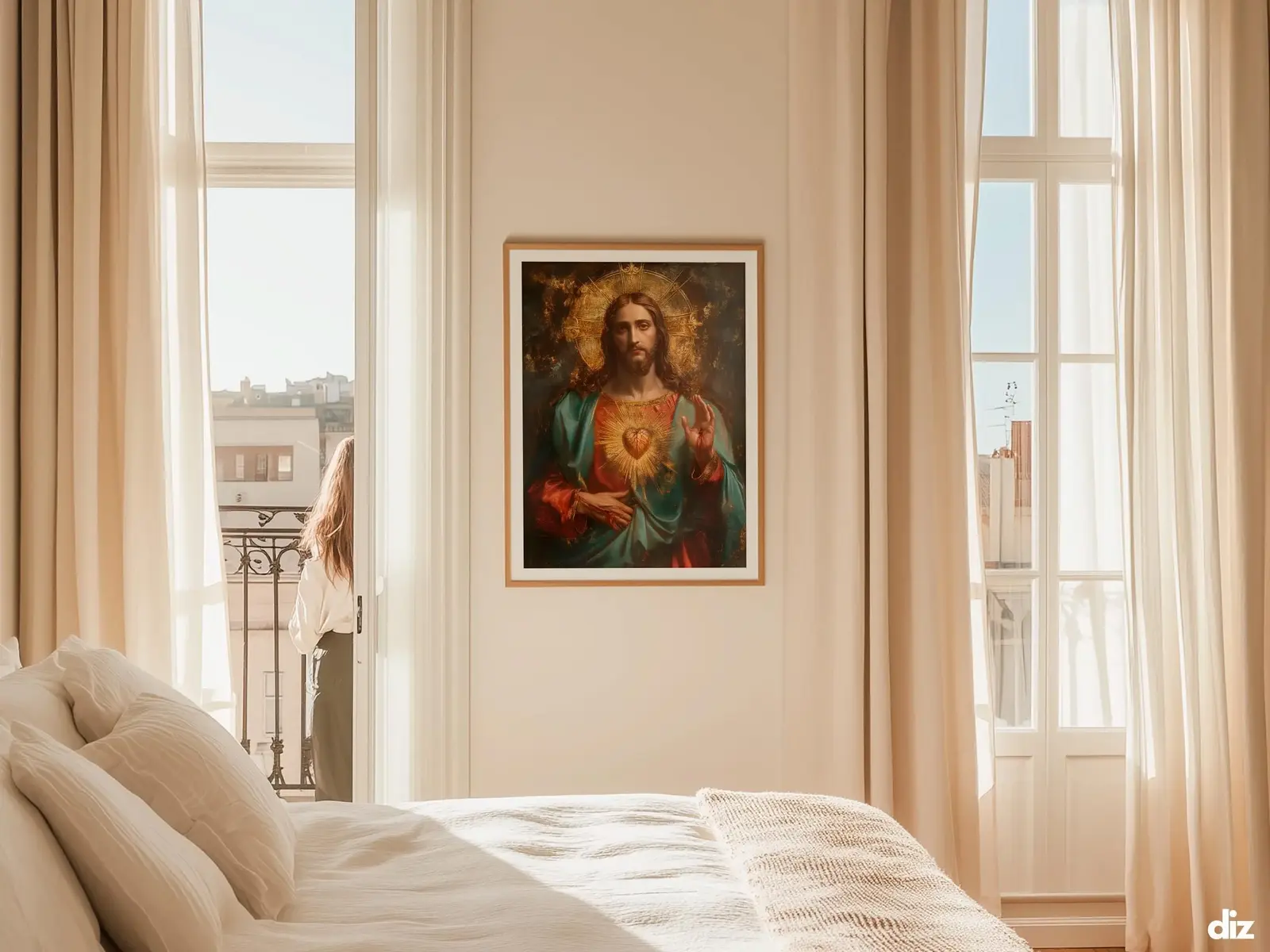 Sacred Heart of Jesus framed above sofa, living room display blending peace and devotion, bible wall art catholic wall art