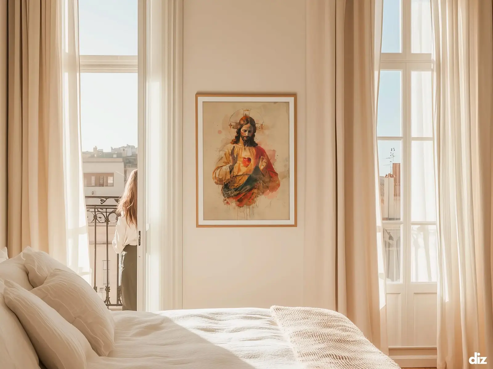 Sacred Heart of Jesus framed above sofa, living room display blending peace and devotion, bible wall art catholic wall art