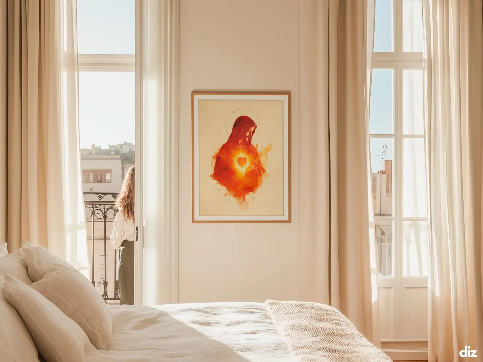 Sacred Heart of Jesus framed above sofa, living room display blending peace and devotion, bible wall art catholic wall art