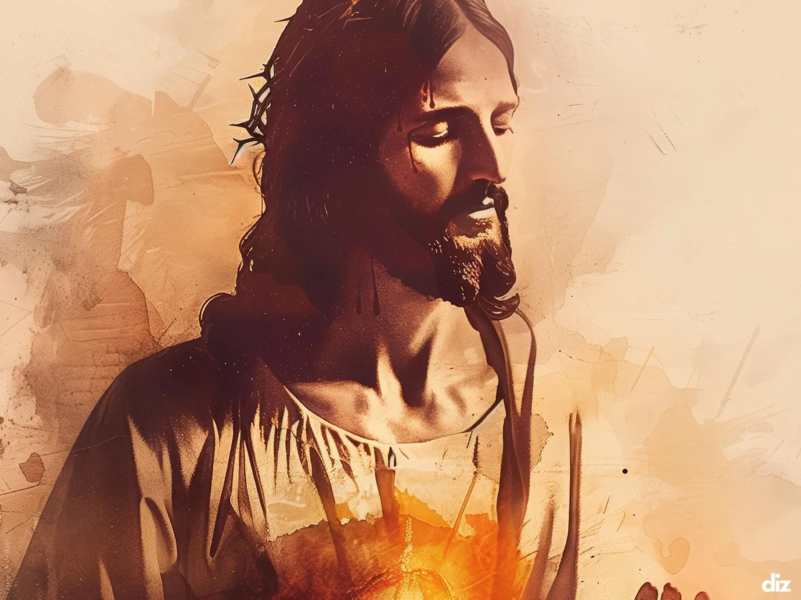 Close-up detail of the flaming Sacred Heart, thorn crown and cross, jesus sacred heart biblical wall art