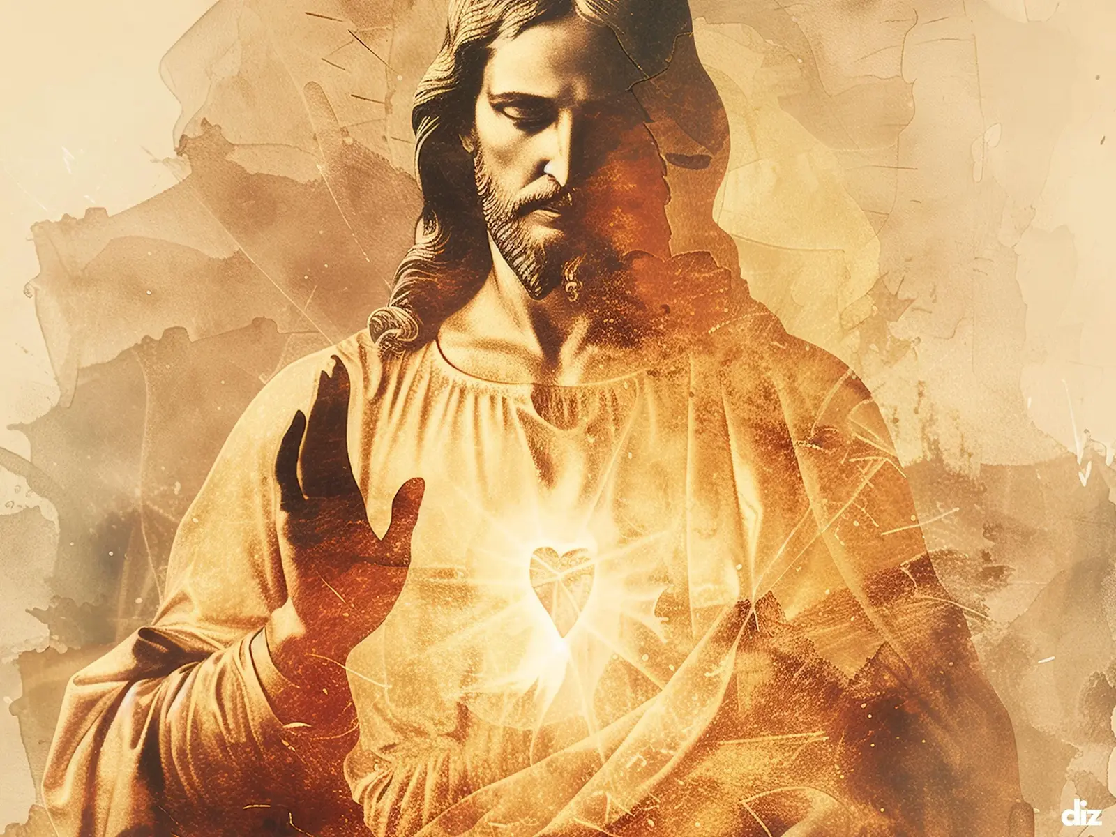 Close-up detail of the flaming Sacred Heart, thorn crown and cross, jesus sacred heart biblical wall art