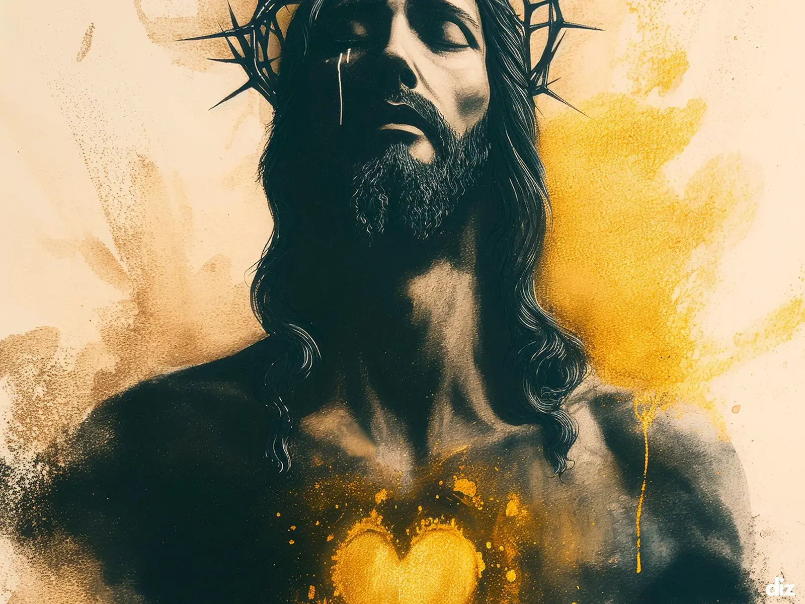 Close-up detail of the flaming Sacred Heart, thorn crown and cross, jesus sacred heart biblical wall art