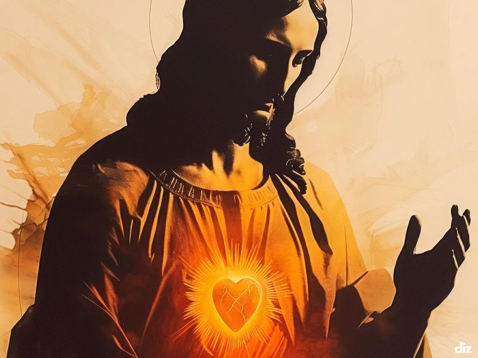 Close-up detail of the flaming Sacred Heart, thorn crown and cross, jesus sacred heart biblical wall art