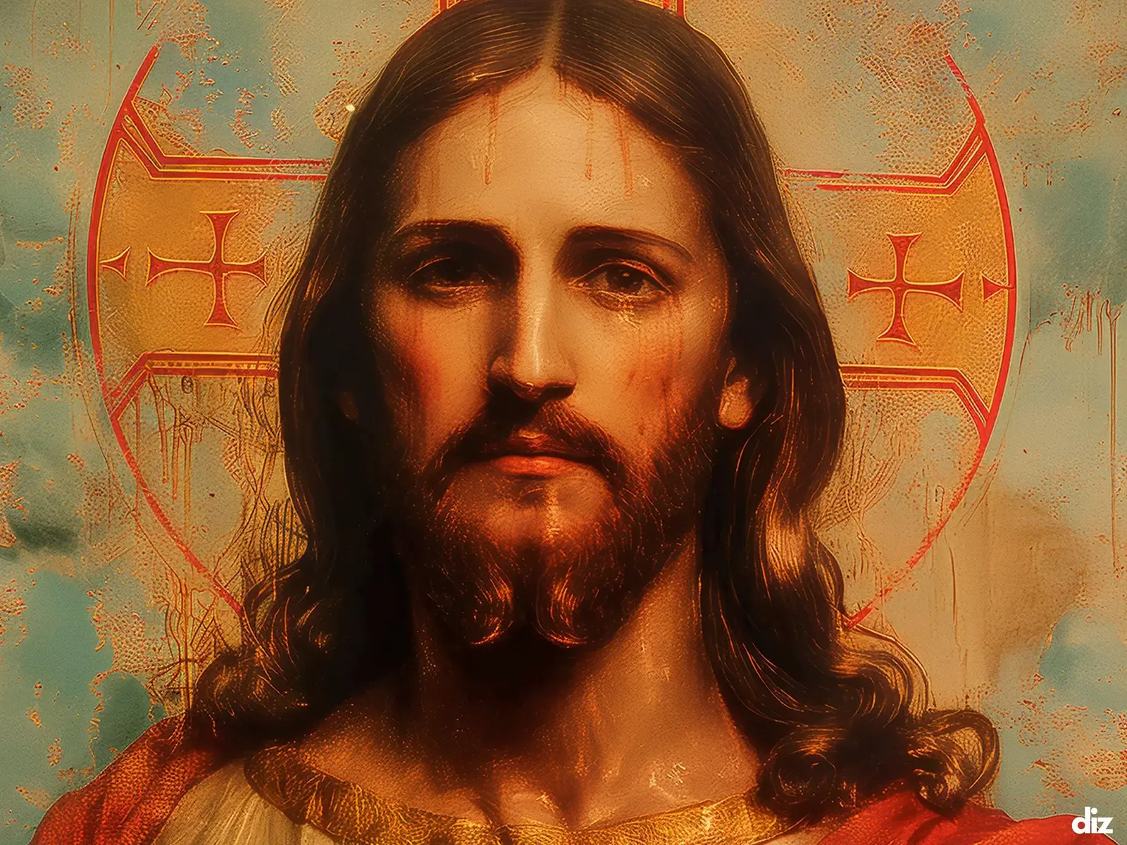 Close-up detail of the flaming Sacred Heart, thorn crown and cross, jesus sacred heart biblical wall art