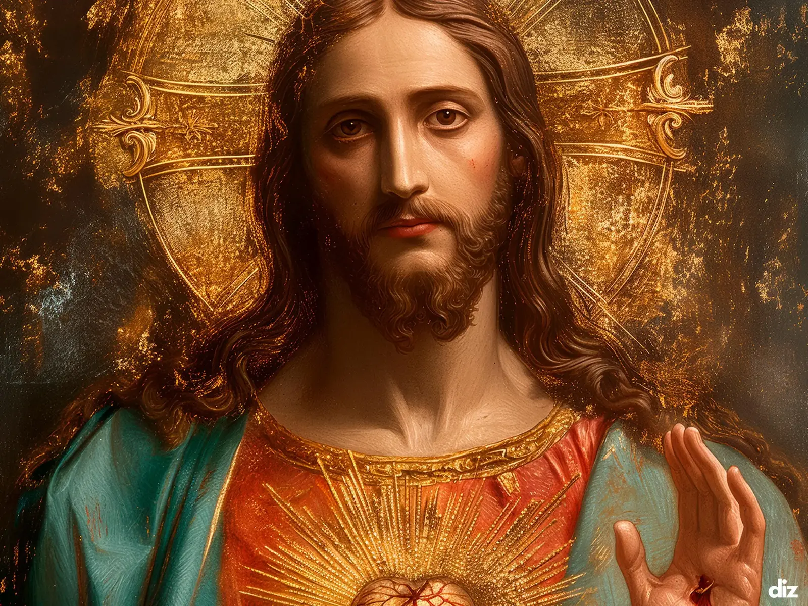 Close-up detail of the flaming Sacred Heart, thorn crown and cross, jesus sacred heart biblical wall art