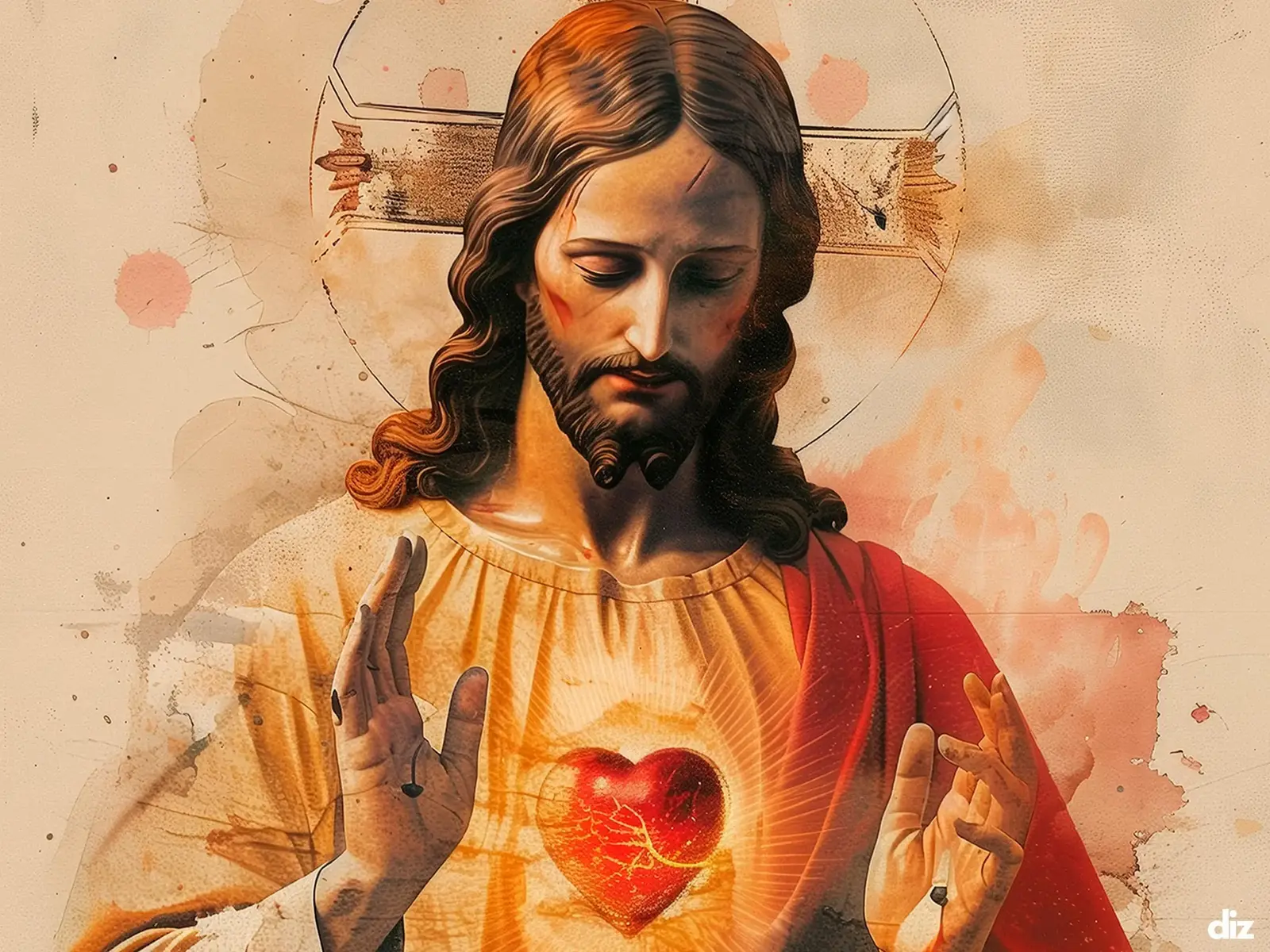 Close-up detail of the flaming Sacred Heart, thorn crown and cross, jesus sacred heart biblical wall art