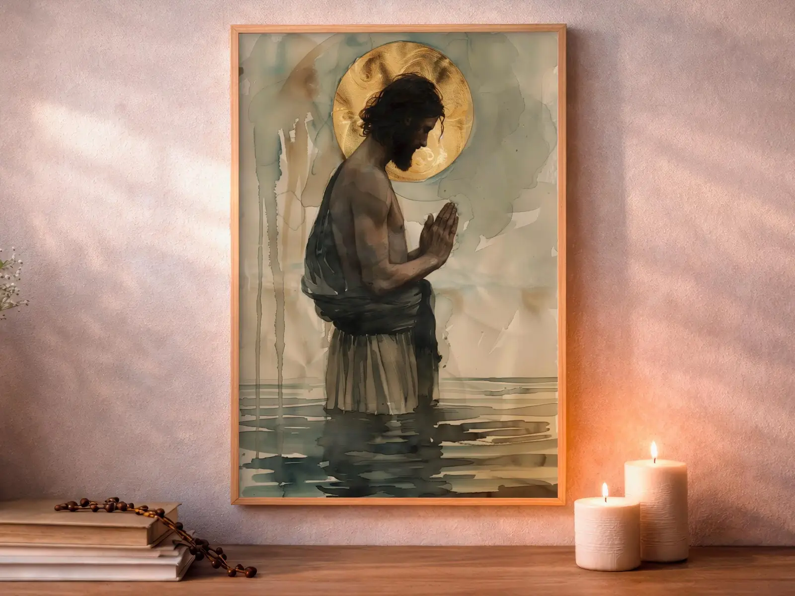 Saint Christopher Art Print: Minimal Water's Edge Halo, Modern Christian Decor (Digital Download)