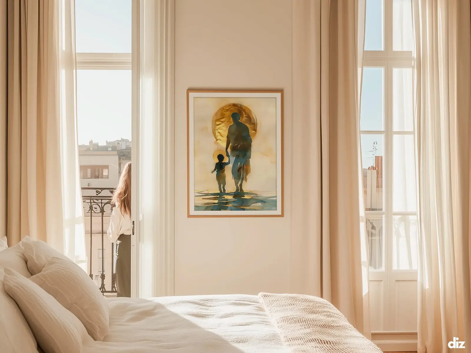 Sacred Heart of Jesus framed above sofa, living room display blending peace and devotion, bible wall art catholic wall art