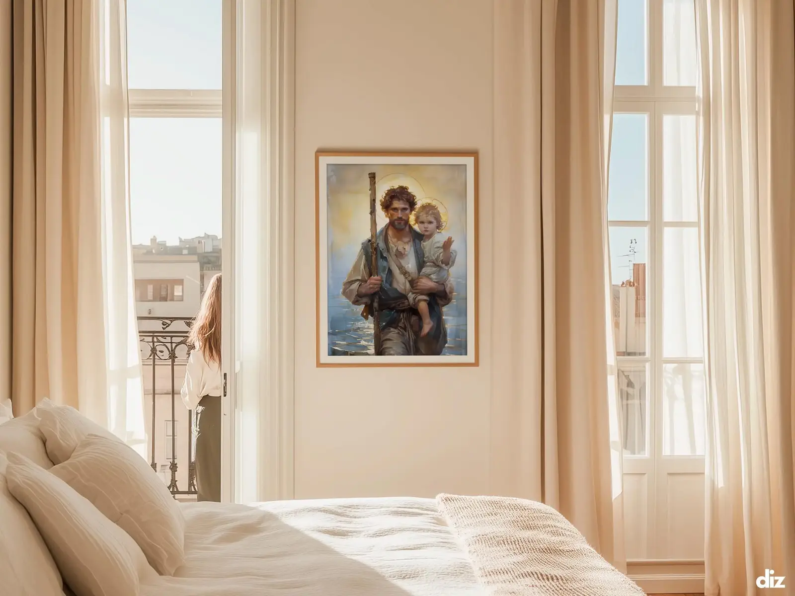 Sacred Heart of Jesus framed above sofa, living room display blending peace and devotion, bible wall art catholic wall art