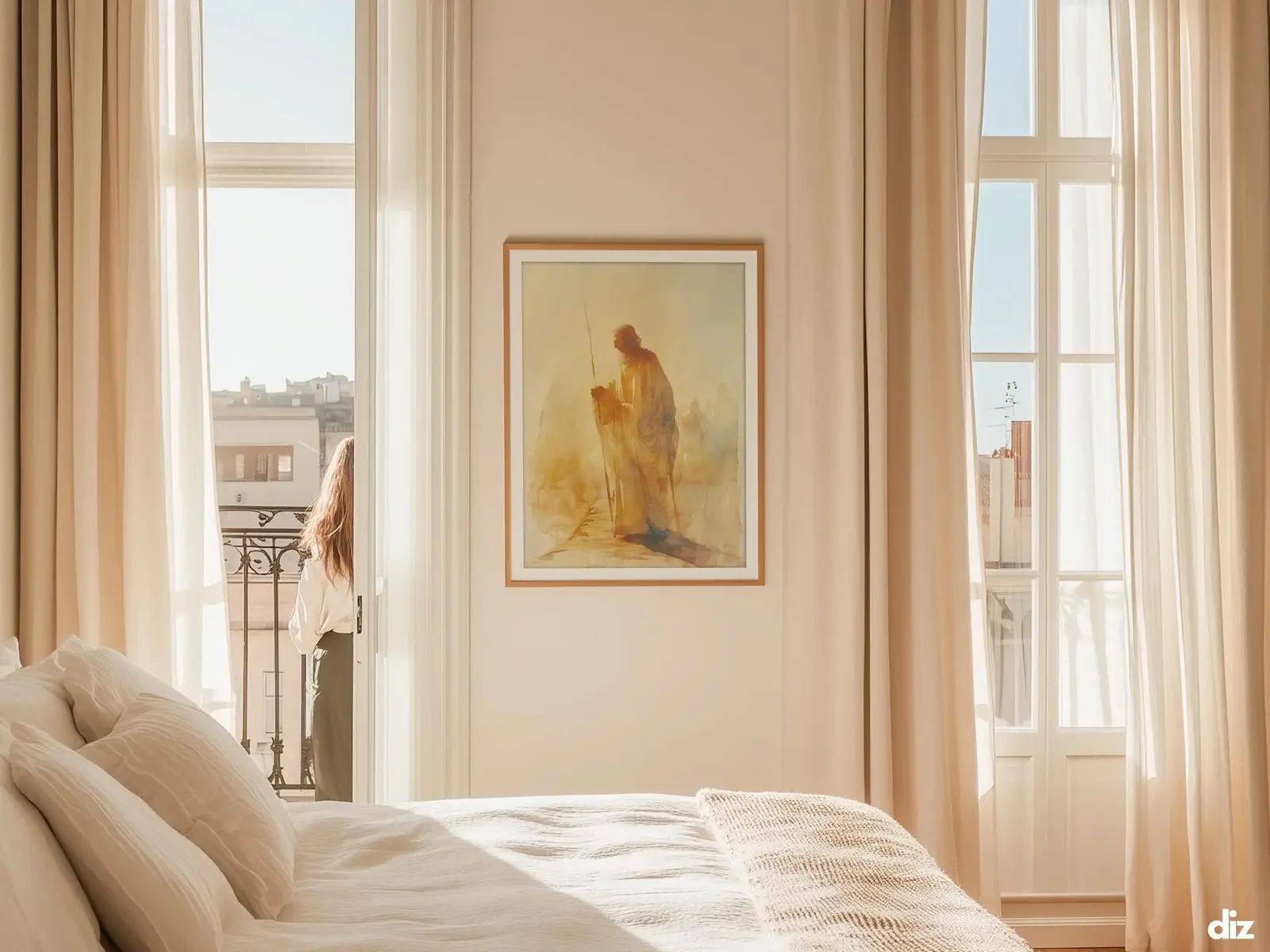 Sacred Heart of Jesus framed above sofa, living room display blending peace and devotion, bible wall art catholic wall art