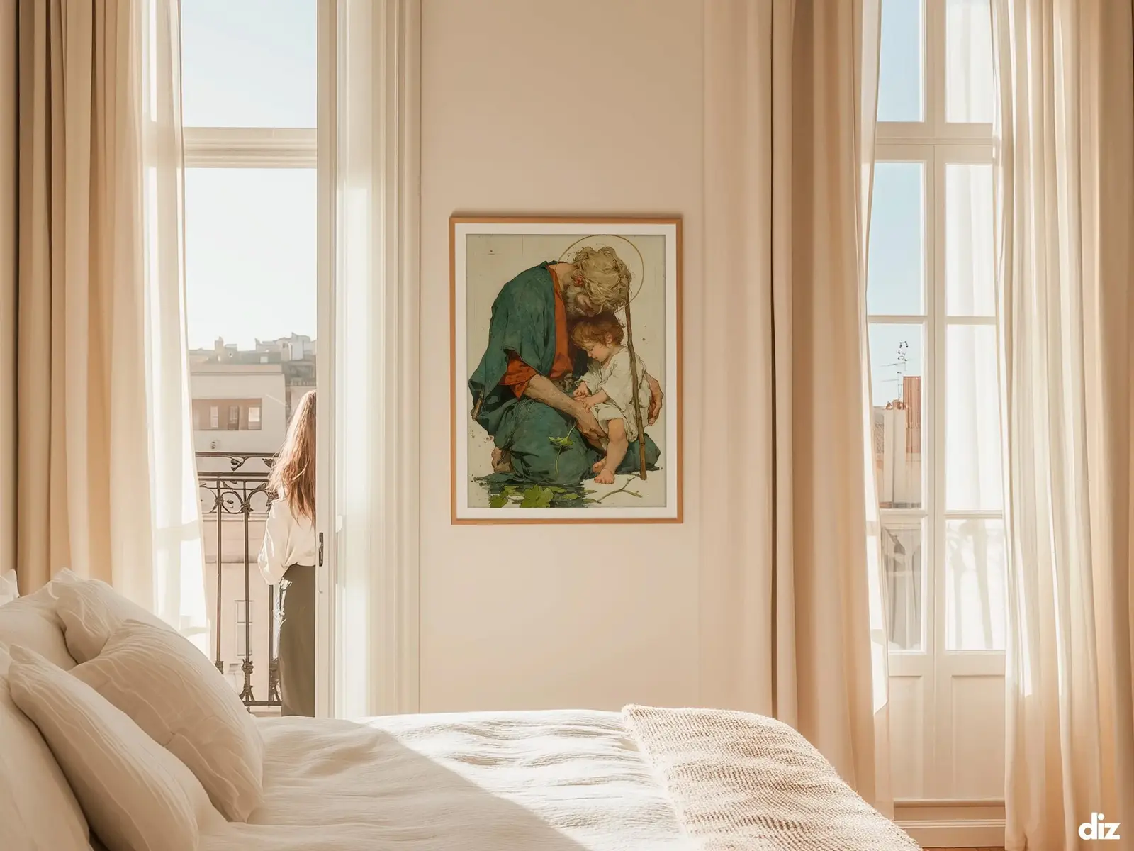 Sacred Heart of Jesus framed above sofa, living room display blending peace and devotion, bible wall art catholic wall art