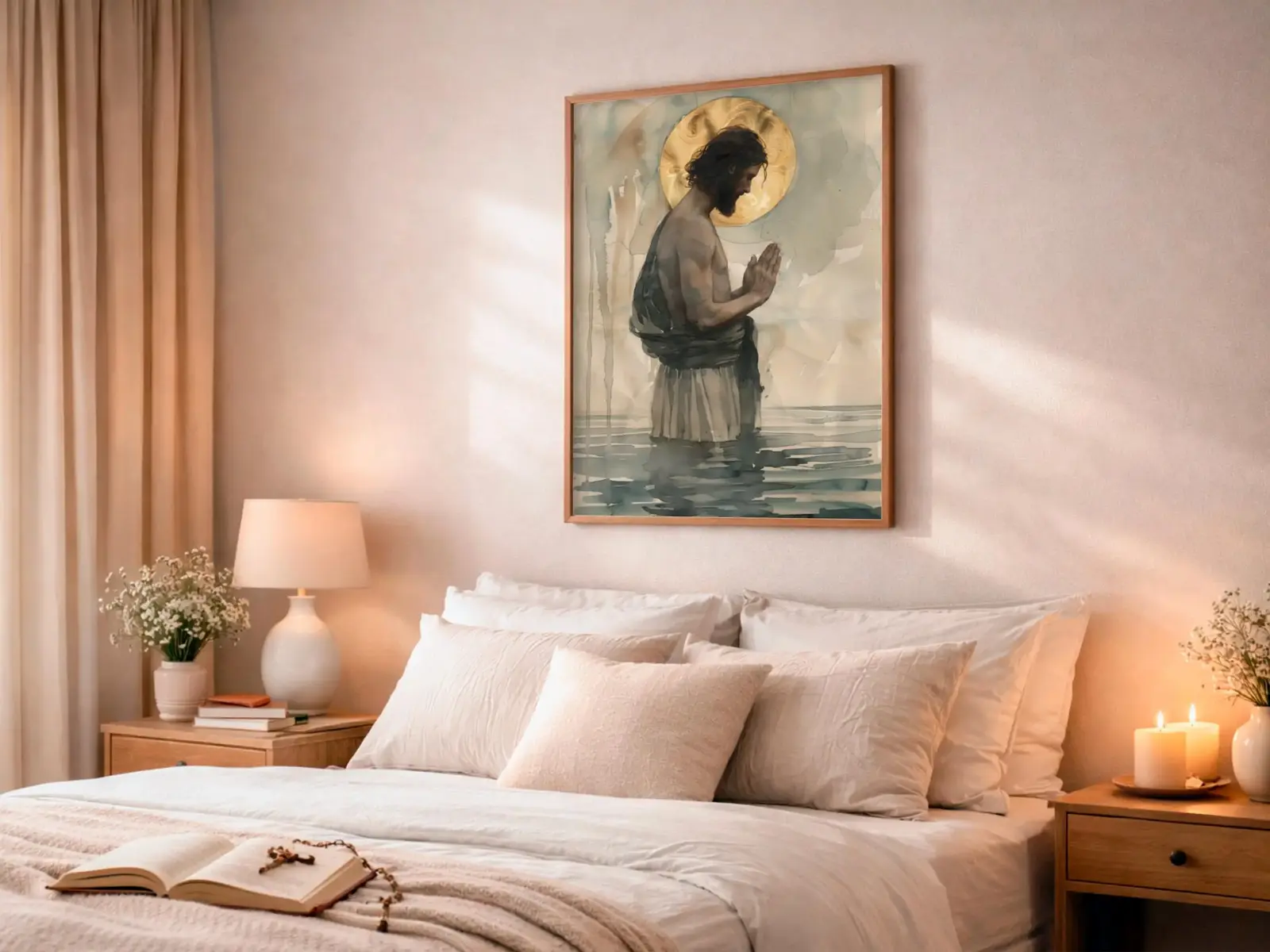 Sacred Heart of Jesus framed above sofa, living room display blending peace and devotion, bible wall art catholic wall art