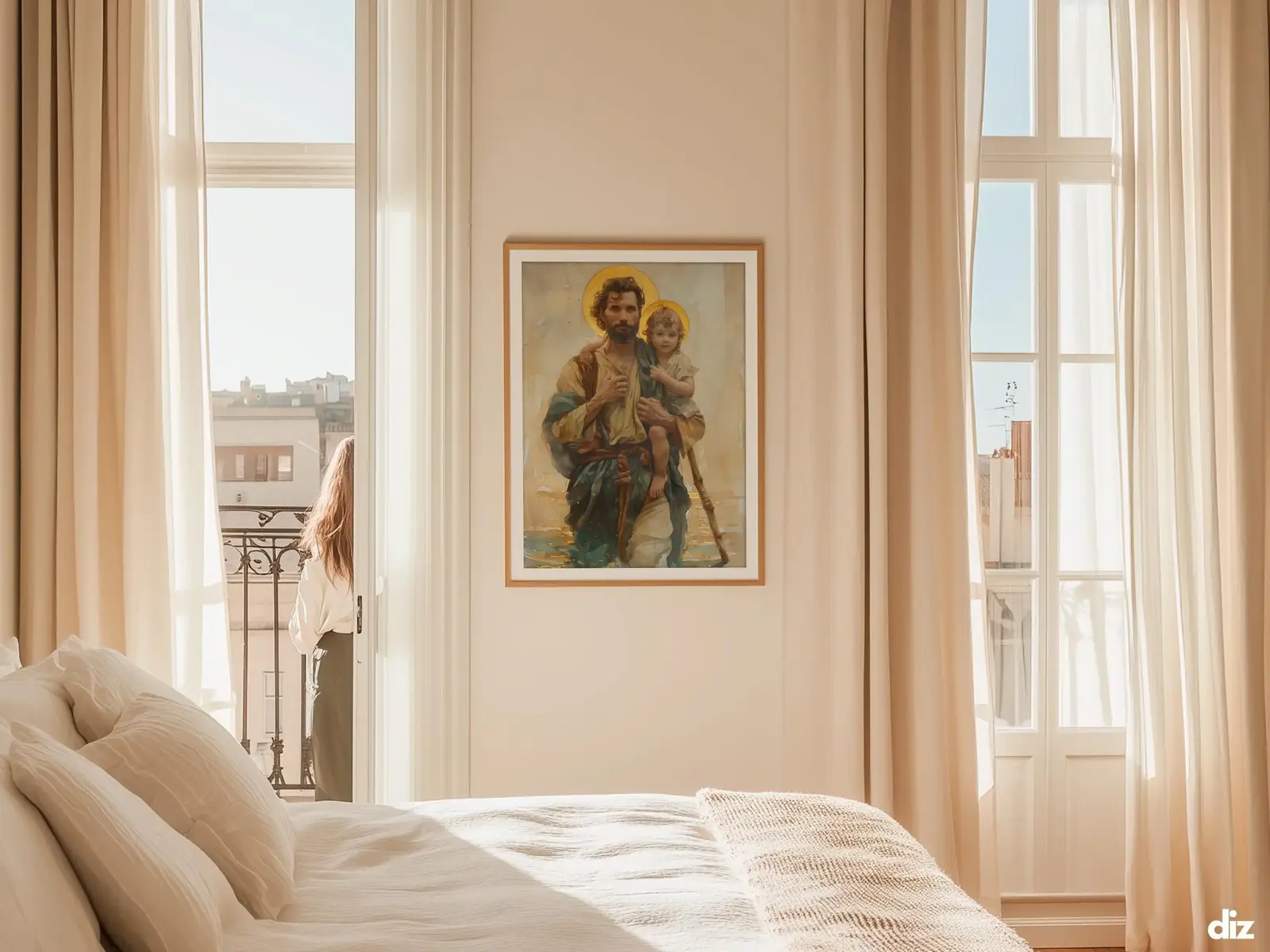 Sacred Heart of Jesus framed above sofa, living room display blending peace and devotion, bible wall art catholic wall art