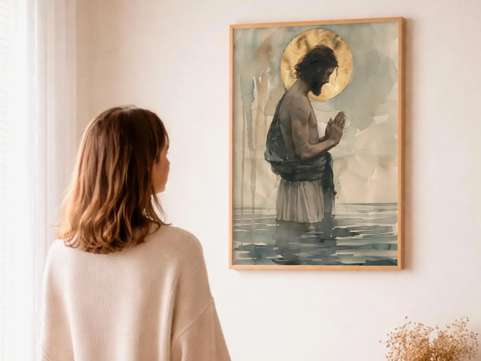 Close-up detail of the flaming Sacred Heart, thorn crown and cross, jesus sacred heart biblical wall art