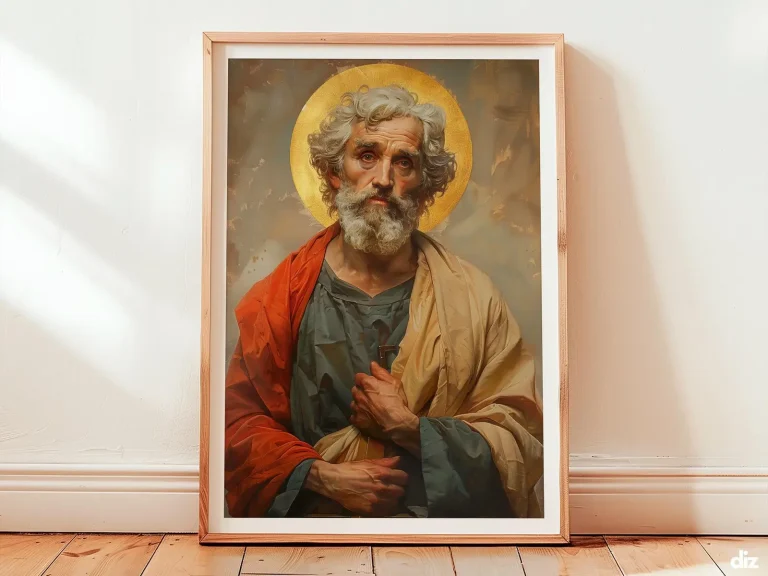 Framed Saint Joseph art print in classic emotional watercolor, bathed in a warm diagonal golden ray that highlights his lily staff and protective cloak arc as catholic wall art.
