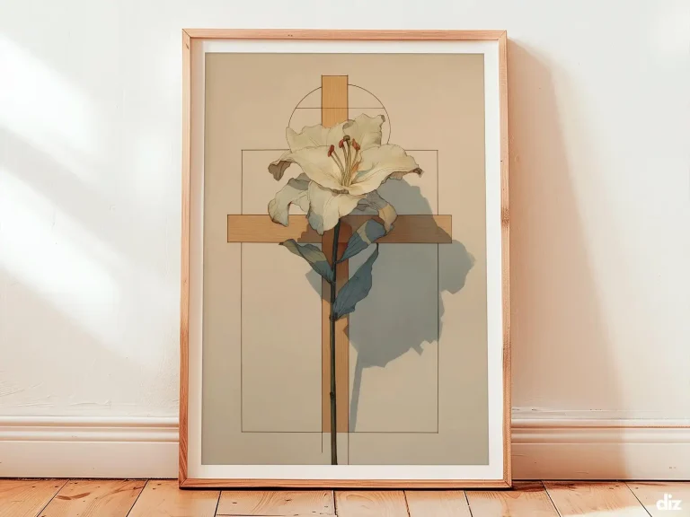 A framed Saint Joseph print with a white lily and carpenter’s square bathed in a warm diagonal beam, offering calm proportion and subtle sacred stillness for neutral wall art.
