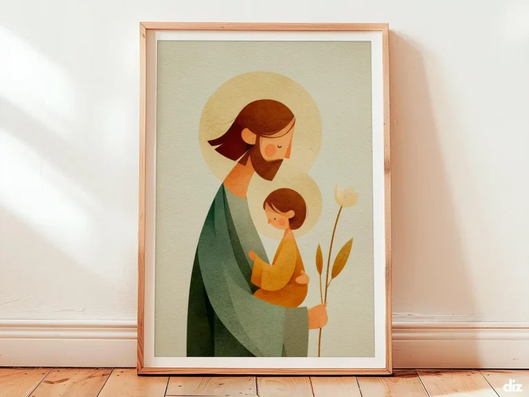 Minimal christian art print showing Saint Joseph's calm silhouette holding the Christ Child and lily, soft pale gold light and vast ivory space lending reverent, neutral wall art balance.