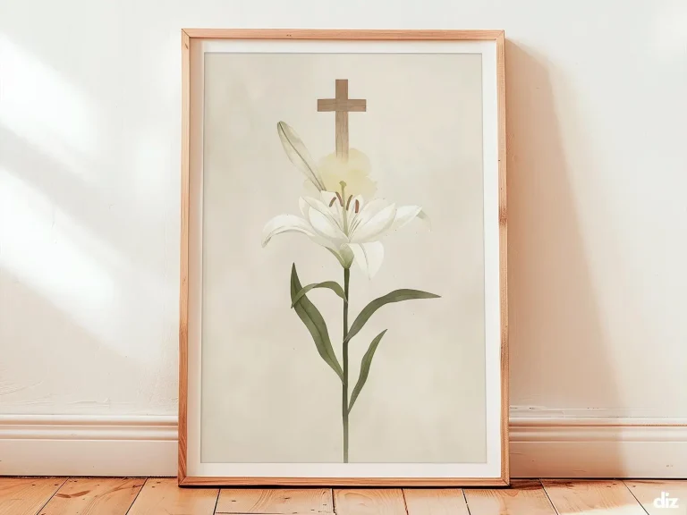 Minimal faith art print depicting a white lily laid across a warm carpenter’s square with a soft-gold halo, balanced on an ivory wall to bring calm to neutral wall art decor.