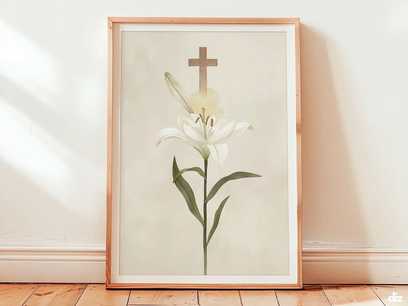 Minimal faith art print depicting a white lily laid across a warm carpenter’s square with a soft-gold halo, balanced on an ivory wall to bring calm to neutral wall art decor.