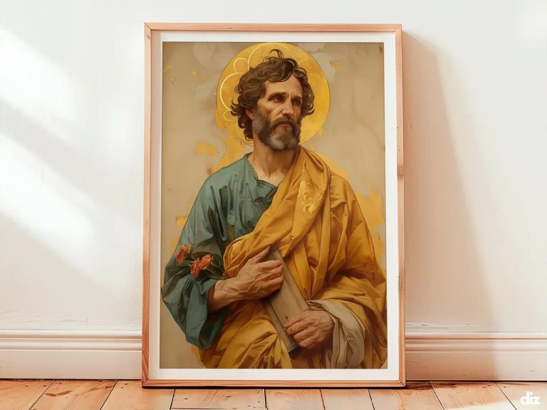 Framed Saint Joseph art print in classic emotional watercolor, gilded halo and lily staff bathed in a warm diagonal light, offering serene protection as saint joseph devotional wall art.