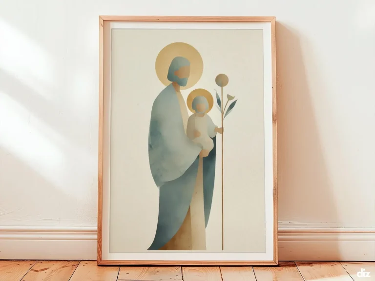Saint joseph art print as a calm central silhouette with lily and child, soft halos and warm pale gold light on an ivory wall bringing sacred balance to neutral wall art.
