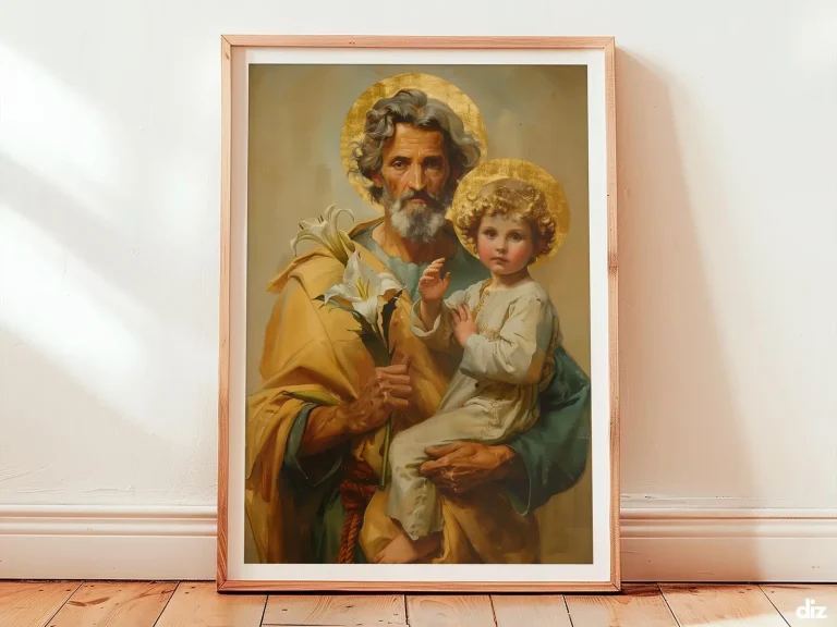 Saint Joseph art print framed on an ivory wall, warm golden beam and gentle gilded halos centering the guardian figure with lily, offering calm devotional presence for catholic wall art decor.