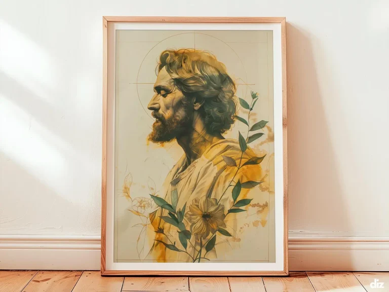 Framed Saint Joseph art print with a sage vertical line, three-petal lily and grounded carpenter’s square beneath a roof arc, pale gold diagonal light warming the ivory wall for neutral wall art.