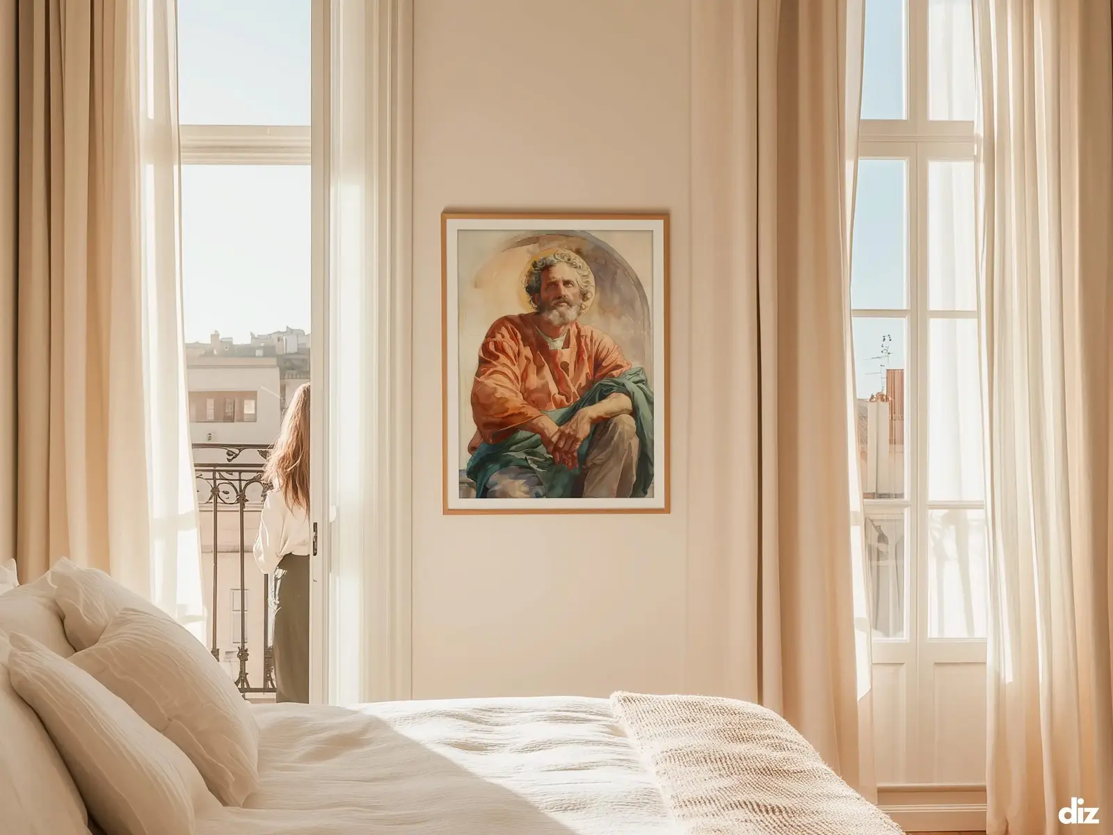 Sacred Heart of Jesus framed above sofa, living room display blending peace and devotion, bible wall art catholic wall art