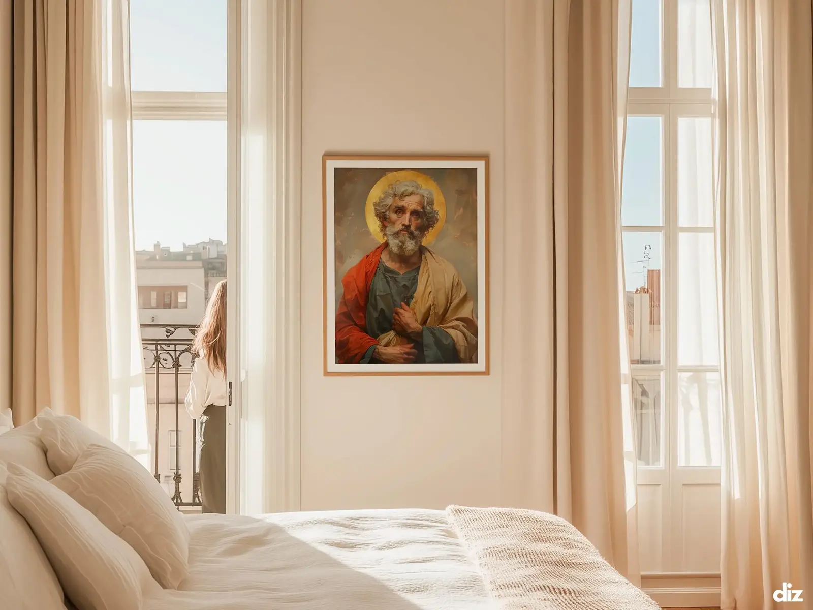 Sacred Heart of Jesus framed above sofa, living room display blending peace and devotion, bible wall art catholic wall art