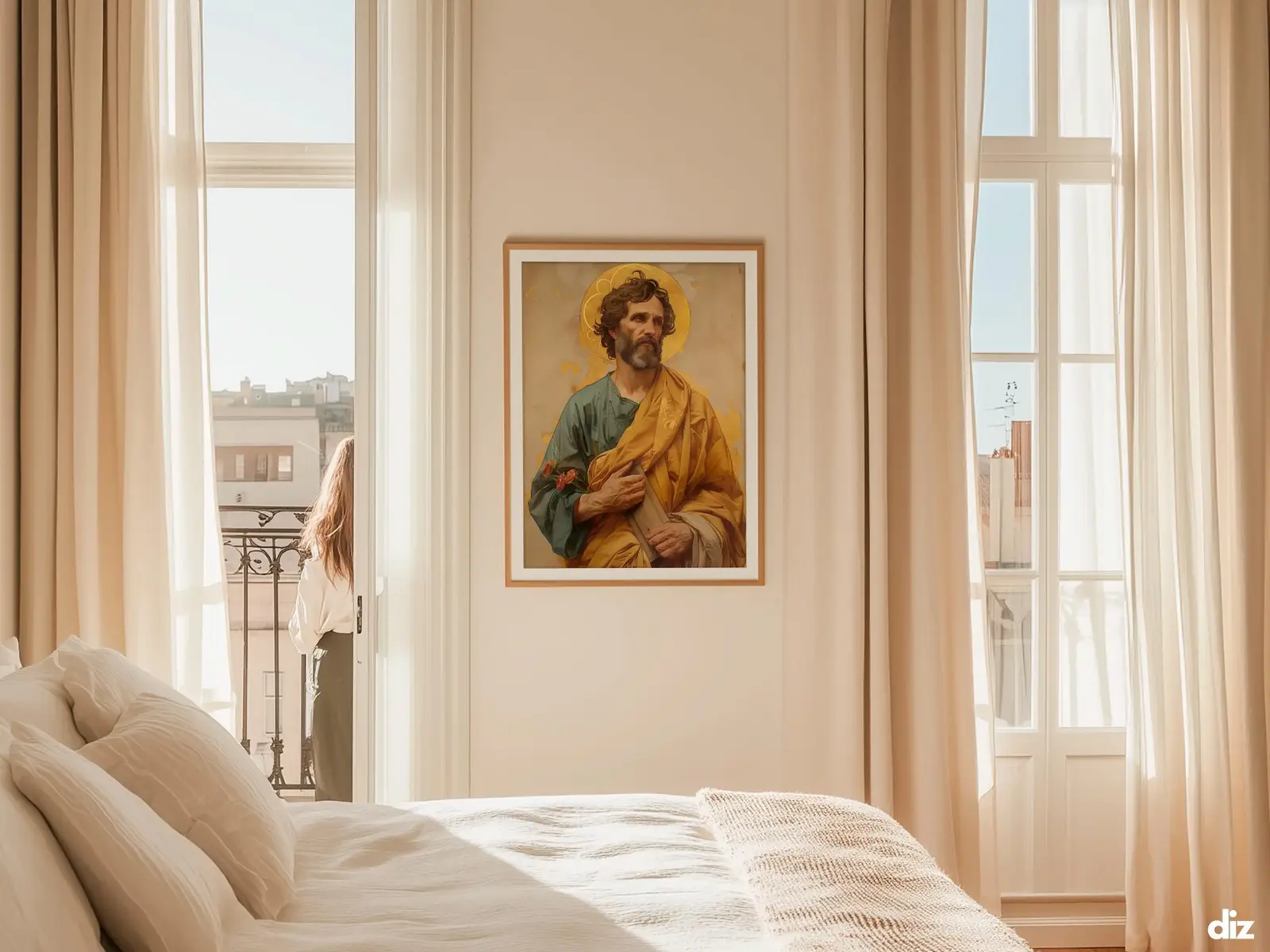 Sacred Heart of Jesus framed above sofa, living room display blending peace and devotion, bible wall art catholic wall art